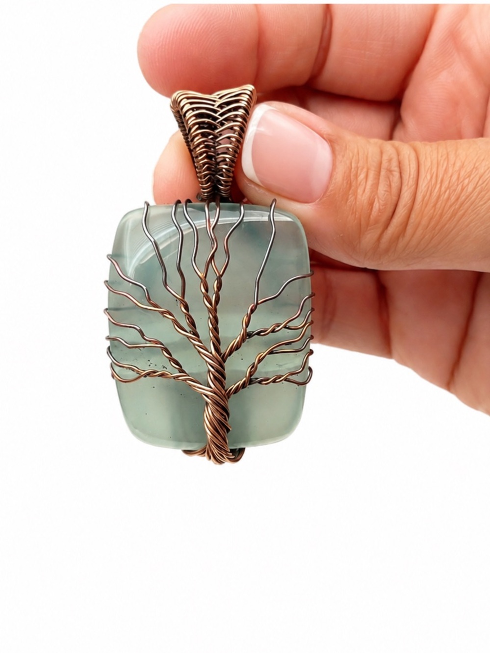Handcrafted Tree of Life Pendant Necklace in Seafoam Green with Copper Wire